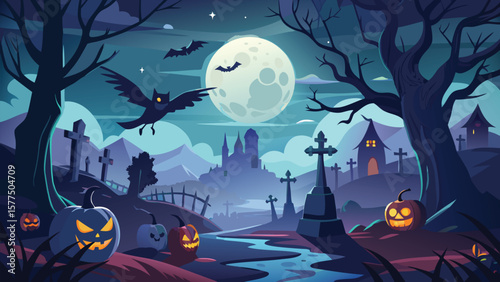 Halloween night scene with pumpkins, bats, full moon, graveyard and haunted castle landscape