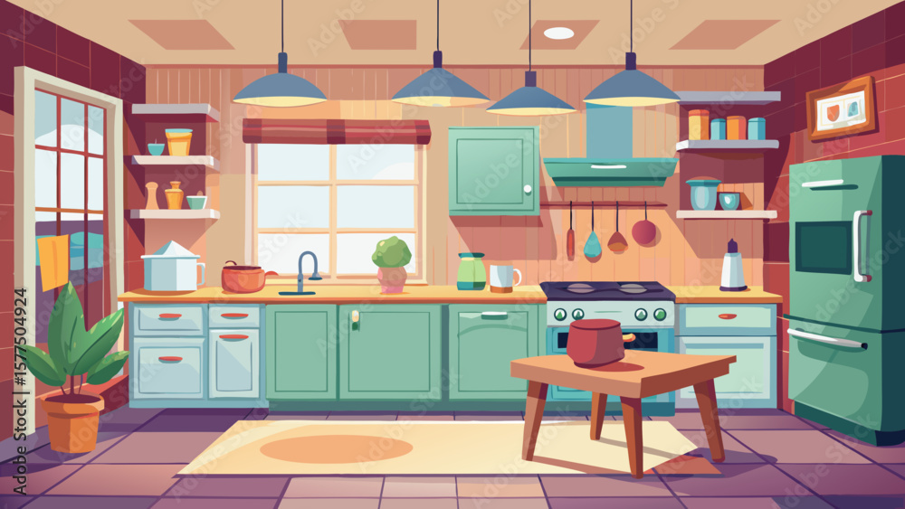 Fototapeta premium Cozy cartoon kitchen interior with green cabinets and a refrigerator