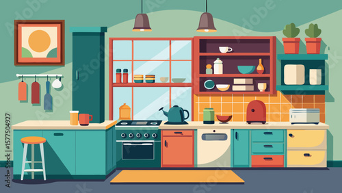 Modern flat design kitchen interior with colorful cabinets and appliances