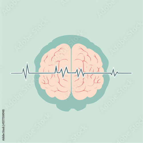 Minimal brain with heart rate line in flat design, symbol of mental health support and awareness, great for campaigns or wellness social media posts