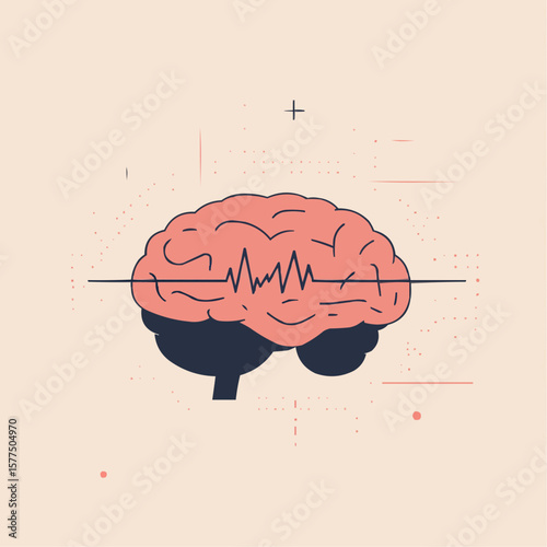 Flat clean illustration of brain and pulse wave, symbolizing brain activity, perfect for healthcare infographics or educational content