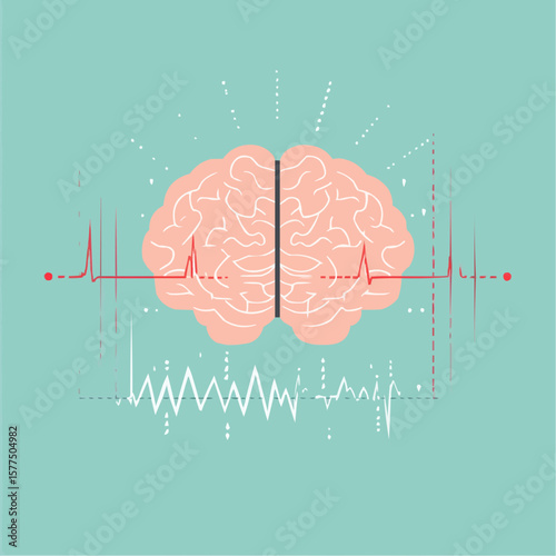 Minimal flat brain with heartbeat line design, ideal for cognitive wellness packaging, health product labels or nootropic branding