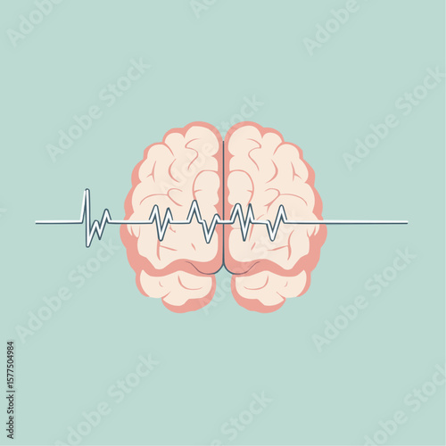 Simple flat brain symbol with pulse line in soft colors, ideal for wellness apps, mindfulness tools or digital health interfaces