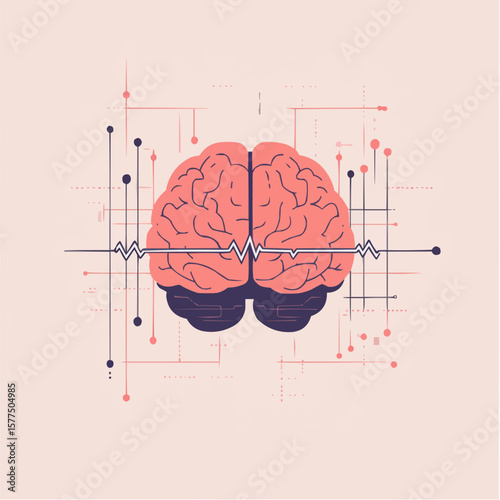 Flat minimal illustration of a brain with pulse line, symbolizing emotional health and balance, perfect for mental wellness posters or awareness visuals


