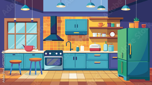 Modern cartoon kitchen interior with blue cabinets and green refrigerator