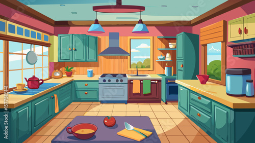 Bright and colorful cartoon kitchen with teal cabinets and wooden countertops