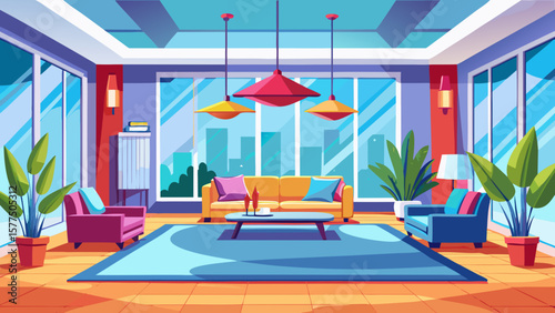 Modern living room with large windows and city view featuring colorful furniture and plants