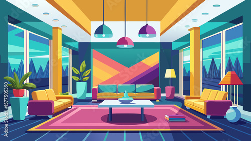 Vibrant modern living room with large windows and colorful abstract art