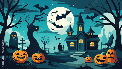 Spooky halloween night scene with haunted house pumpkins bats and full moon in a dark and eerie landscape