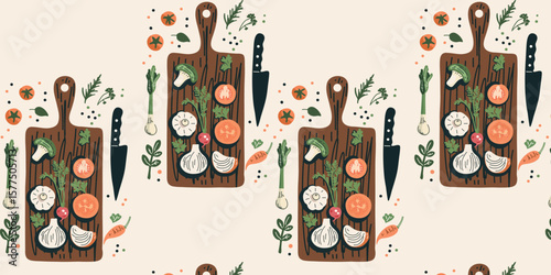  vector illustration seamless pattern with wooden boards and sliced vegetables