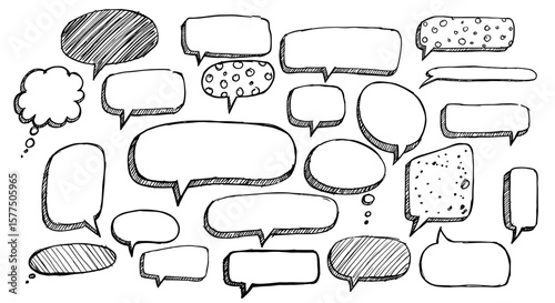 Collection of chat bubbles – hand drawn sketch black and white for stylish design projects


