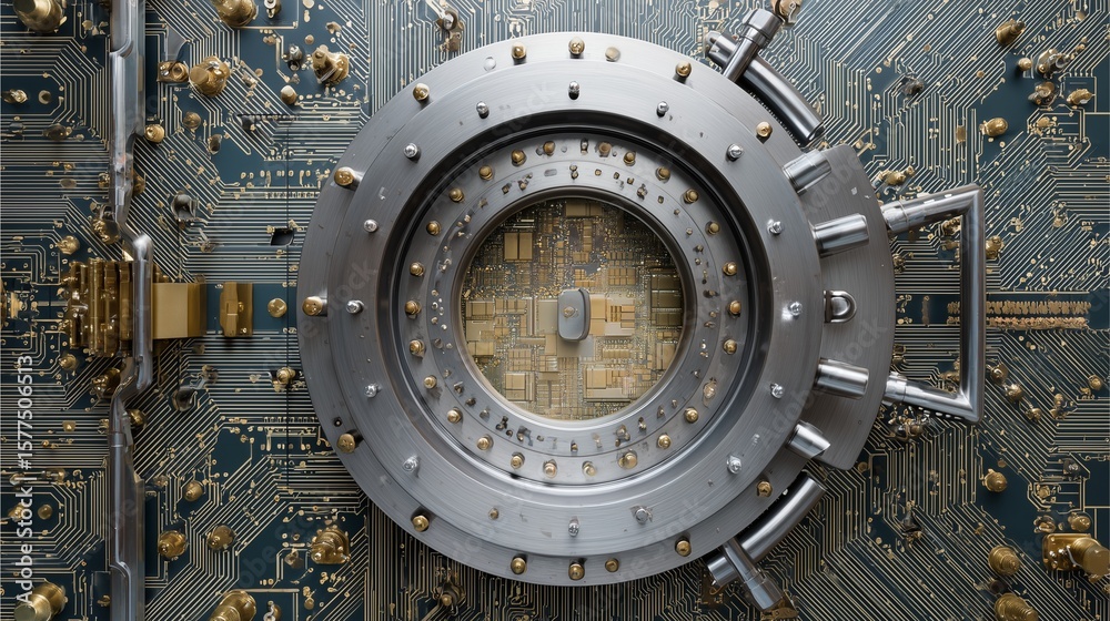 Fototapeta premium Digital Fortress: A captivating macro shot of a secure digital vault door, revealing intricate circuit board components and symbolizing data security and technological advancement.