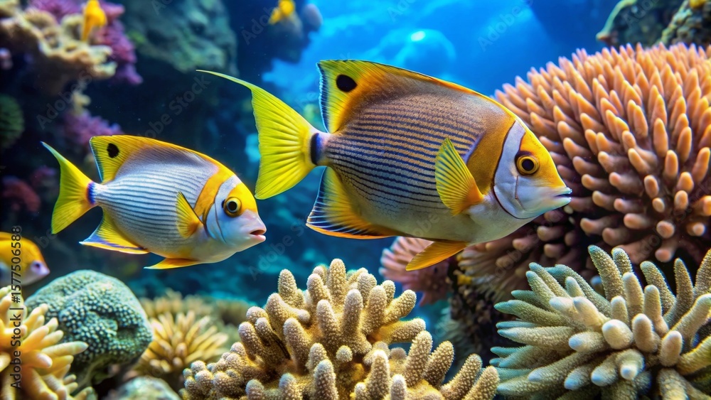 Fototapeta premium Vibrant Reef Inhabitants Two Striking Tropical Fish Gracefully Navigating a Lush Coral Garden