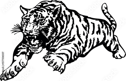 Aggressive Tiger in mid-leap, detailed black and white illustration