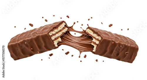 A delicious chocolate wafer bar breaks apart, revealing gooey melted caramel and crunchy layers on a clean background, perfect for satisfying sweet cravings.