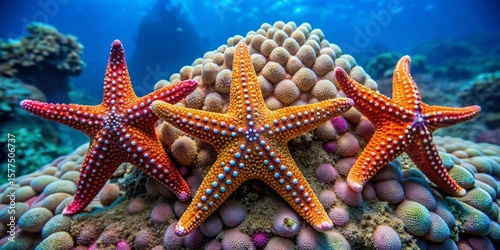 Vibrant starfish trio perched atop a coral reef, showcasing their striking colors and intricate patterns in an underwater paradise