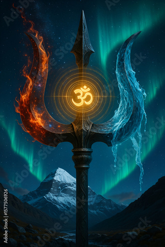 Divine Trishul Wallpaper – Fire & Ice Trident with ॐ Symbol and Mount Kailash