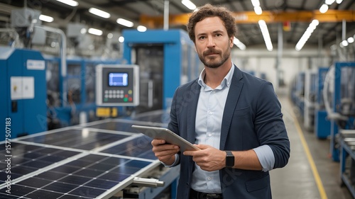 A confident businessman holding a tablet stands in a modern factory setting with solar panels, suggesting innovation and sustainability.
