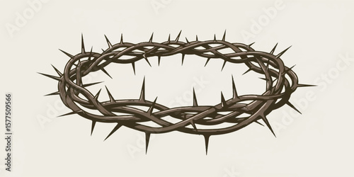 Vector illustration of a crown of thorns in circular form, featuring sharp thorny branches, brown earthy tones, and clean outlines