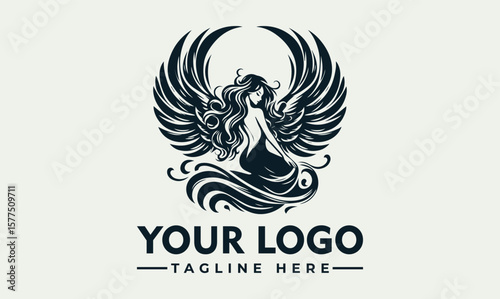 Elegant winged woman logo design, holding a leaf, flowing dress, vintage style.