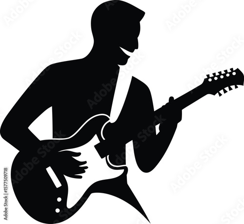 Guitarist icon in black color. Man playing guitar silhouette.