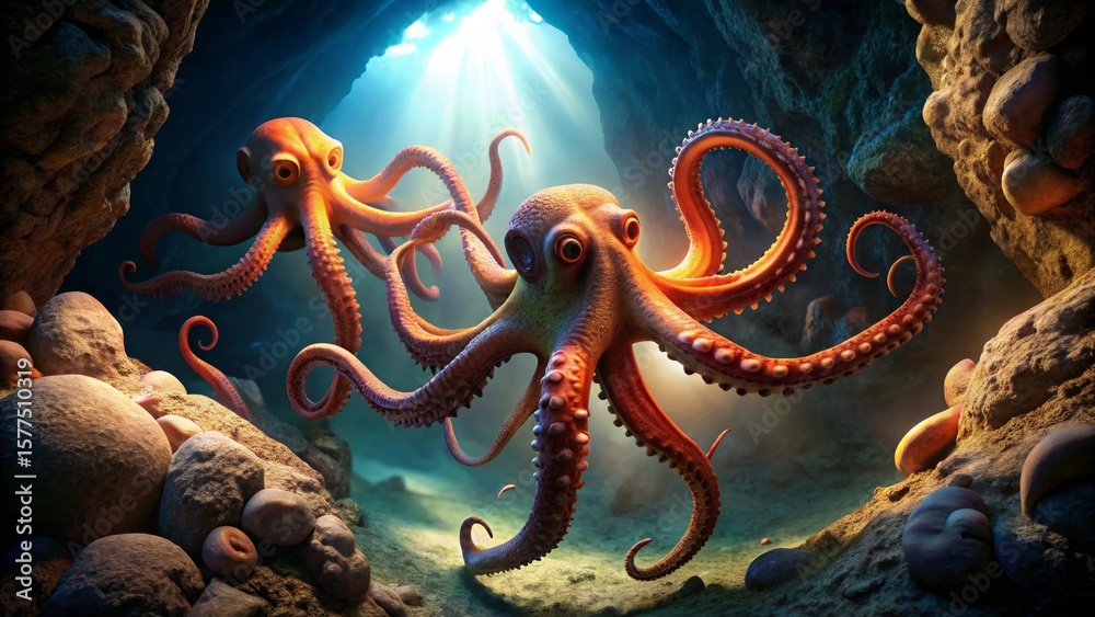 Obraz premium Ocean Depths Two Majestic Octopuses Explore a Mysterious Underwater Cave, Illuminated by Beams of Sunlight Filtering Through the Water Above