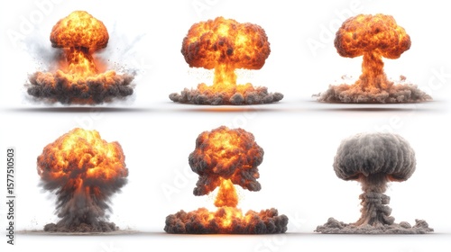 Set of realistic nuclear explosions in different stages, bright orange fireballs and grey mushroom clouds, isolated on clean white background