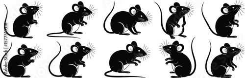 VVector illustration of ten black mice in various poses, ideal for animal designs, creative projects, cartoons, educational materials, rodent graphics