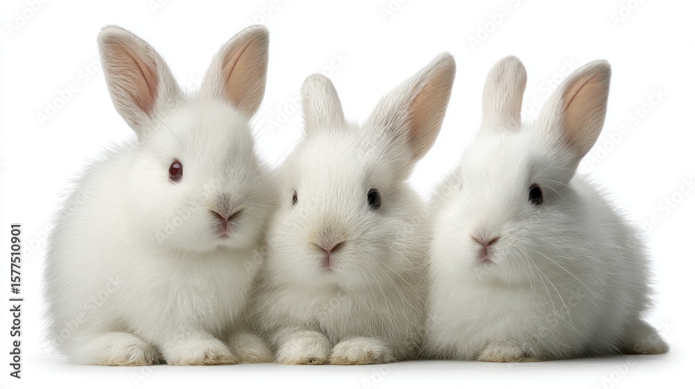 Obraz premium Group of three cute white bunnies in various sitting poses, one looking at camera, others slightly turned, soft shadows, crisp white background, detailed fur texture