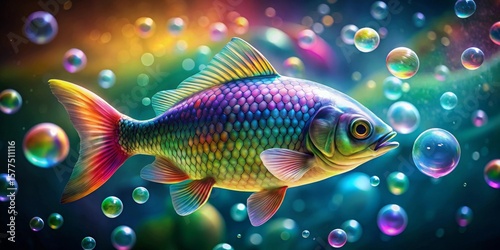 A vibrant iridescent fish swims amidst a flurry of colorful bubbles, a breathtaking underwater fantasy scene.
