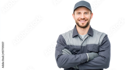 Friendly car technician wearing uniform and gloves, folded hands and looking directly at camera, isolated on white background, ideal for auto repair service marketing