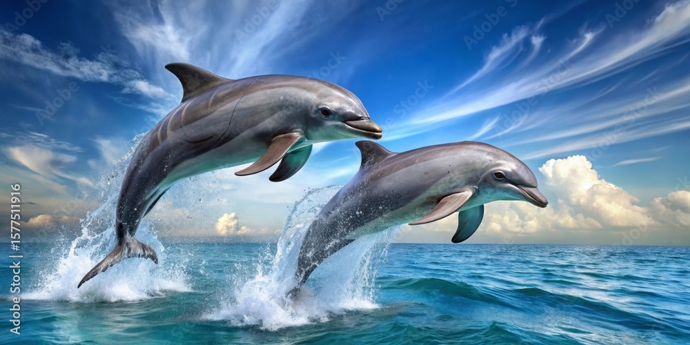 Fototapeta premium Two dolphins leap joyfully from ocean waves under a vibrant sky, a breathtaking display of aquatic grace and freedom