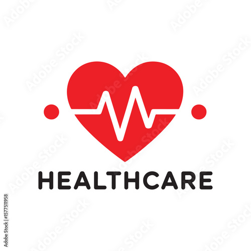 Red heart with heartbeat line and healthcare text logo