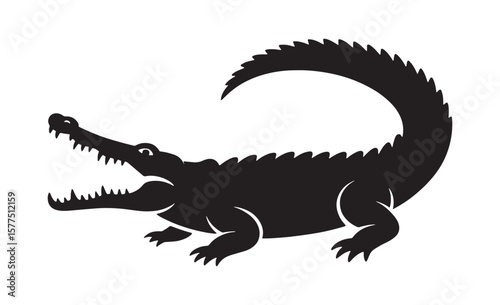 Stylized black silhouette of an alligator with open jaws and sharp teeth