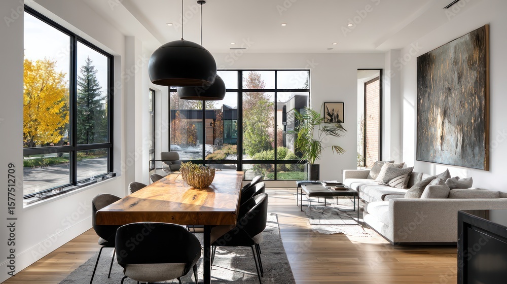 Fototapeta premium Modern dining room with large windows (1)