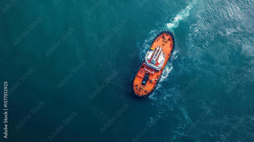 Fototapeta premium Aerial View of Tugboat Navigating Deep Blue Ocean Waters