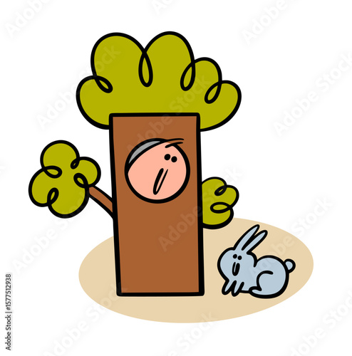 Funny stickman is hiding in a hollow tree in the forest. Vector illustration of a nature hike, a wild rabbit or a hare looking at a person. Cartoon landscape, pet and man on the grass.