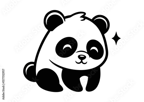 Cartoon panda character with a cheerful expression walking with copy space