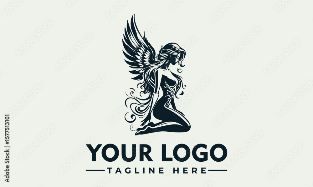Obraz premium Silhouette logo of a kneeling winged woman, stylized design.