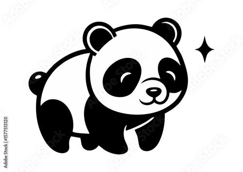 Cartoon panda character with a cheerful expression walking  with copy space
