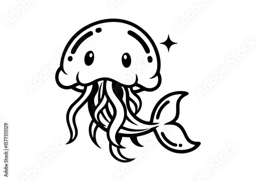 Cartoon jellyfish character with a playful expression and a tail with copy space