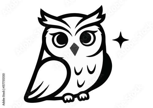 Adorable owl with large eyes and playful expression featuring sparkle effect 