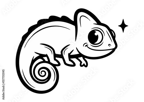 Cartoon chameleon character with a cheerful expression  with copy space