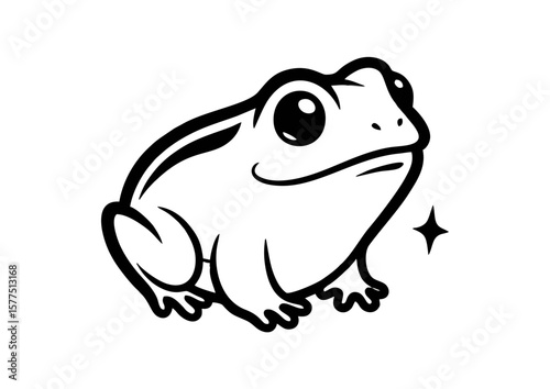 Cartoon frog character sitting comfortably with a content expression with copy space
