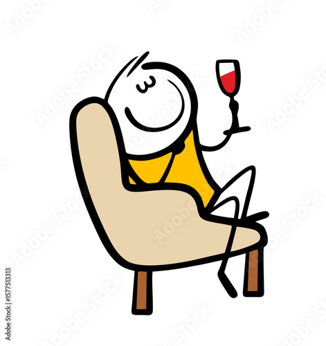 Contented, relaxed man is sitting in an armchair and drinking wine in a glass glass. Vector illustration of furniture, stickman and alcohol. A funny character is relaxing and enjoying life.