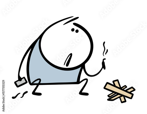 Cartoon confused character is squatting in front of the firewood and trying to light a campfire. Vector illustration of a teenager bullying, matches and wooden sticks.