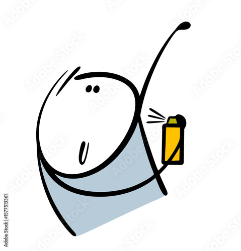 Cartoon stickman has raised his hand and is spraying into his armpit from a spray can. Vector illustration of male deodorant or perfume, protection from the smell of sweat. Funny teen and post-shower.