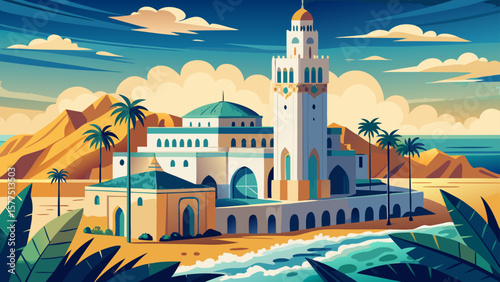 Casablanca, Morocco – The Hassan II Mosque gleams beside crashing Atlantic waves. Cream-colored buildings, mosaics, and palm-lined streets reflect the elegance of modern Morocco.