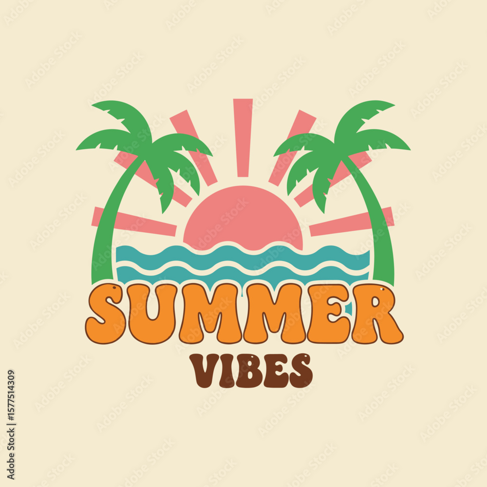 Naklejka premium Summer vibes artwork. Sunshine paradise graphic print design. Enjoy beach life. Palm tree with flower. Surf club design. Beach modern abstract art. Ocean abstract wave. Here come the sun.