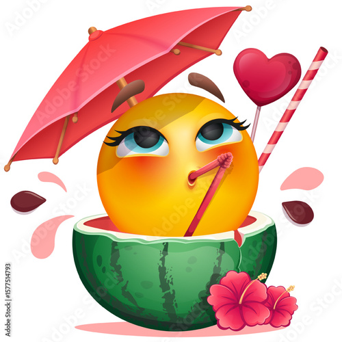 Summer emoji with watermelon cocktail and tropical flowers on white background. Cheerful summer emoticon with cocktail straw and umbrella. Positive vibes, good mood, vacation, travel, holiday concept
